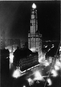The Woolworth Building in Manhattan at night in 1913. (Library of Congress; from Wiki Commons.)