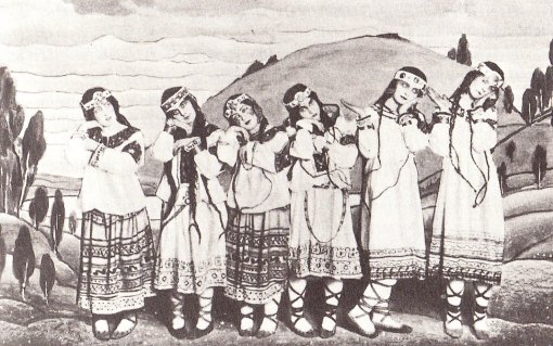 Posed photgraph of original dancers from Le Sacre du printemps (Wikipedia, from a 1913 issue of the English weekly The Sketch).
