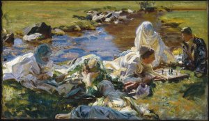 Dolce Far Niente by John Singer Sargent. (Oil on canvas. 1907. Brooklyn  Museum of Art.) This oil is in the watercolors exhibition because illustrating the informal portraits did in watercolor. The scene is as Alpine. There is only one model for the three males in the painting, Sargent's manservant. (Click to enlarge.)