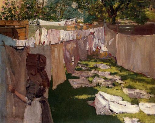 Wash Day: A Back Yard Reminiscence of Brooklyn by William Merritt Chase. (Oil on panel. Private collection.) Not in the Brooklyn Exhibition. (Click to enlarge.)