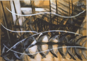 Paths of Movement + Dynamic Sequences by Giacomo Balla (Tempura on paper mounted on canvas. 1913. Gianni Mattiolli Collection on long-term loan to the Peggy Guggenheim Collection, Venice). 