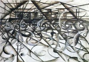 Speeding Car (Velocità d'automobile) by Giacomo Balla. (Oil and ink on paper mounted on board. 1913. Private Coolection.) The movement was born when a speeding car crashed. The artists propelled it heedlessly toward a greater crash. (All pieces illustrated are exhibited by the Guggenheim unless otherwise noted.)