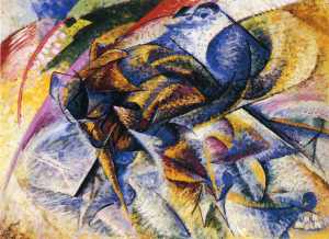 Dynamism of a Cyclist by Umberto Boccioni. (Oil on canvas. 913. Gianni Mattioli Collection, on long-term loan to the eggy Guggenheim Collection, Venice.)