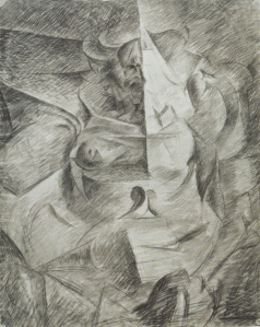 Head + House + Light by Umberto Boccioni. (Charcoal and watercolor on paper. 1913. Civico Gabinetto die Disegni-Castello Sforzesco, Milan.) Boccioni worked out his approach to Antigraceful (below) in a conventional manner in this sketch, but he had difficulty making the building 