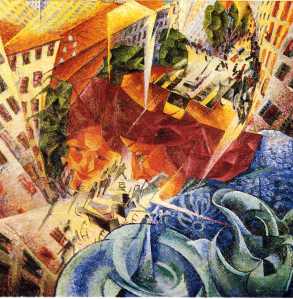 Simultaneous Visions by Umberto Boccioni. (Oil on canvas. 1911. Von der Heydt-Museum, Wuppertal, Germany.)
