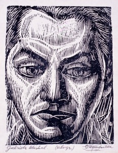 Mistral (woodcut) by Carlos Hermosilla. (Woodcut on paper. Date? ESCALA, Essex Collection of Art from Latin America, Colchester, U.K.)