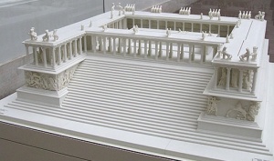 2. Scale model of the Great Altar (from Pergamon Museum) showing the Gigantomachy frieze on bottom level and continuing up the stairs, the stoa with statues on three sides of the altar plaza and statues on the roof of the stoa.